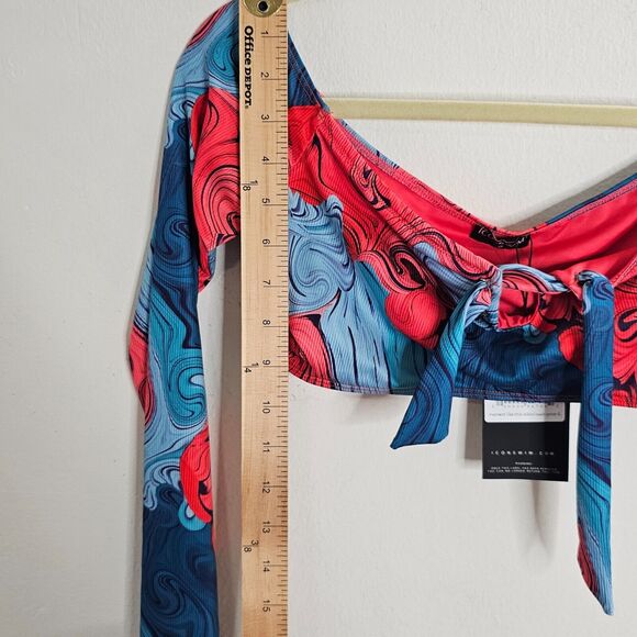 NWT Icon Swim Blue & Red Moment Like This Bikini Swirl Print Long Sleeve Top S - Picture 2 of 6